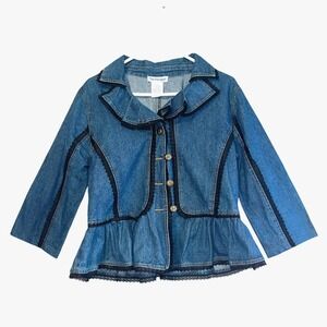 The Paragon Denim Jacket Women's Size L Blue Lace Trim Peplum Ruffle %100 Cotton